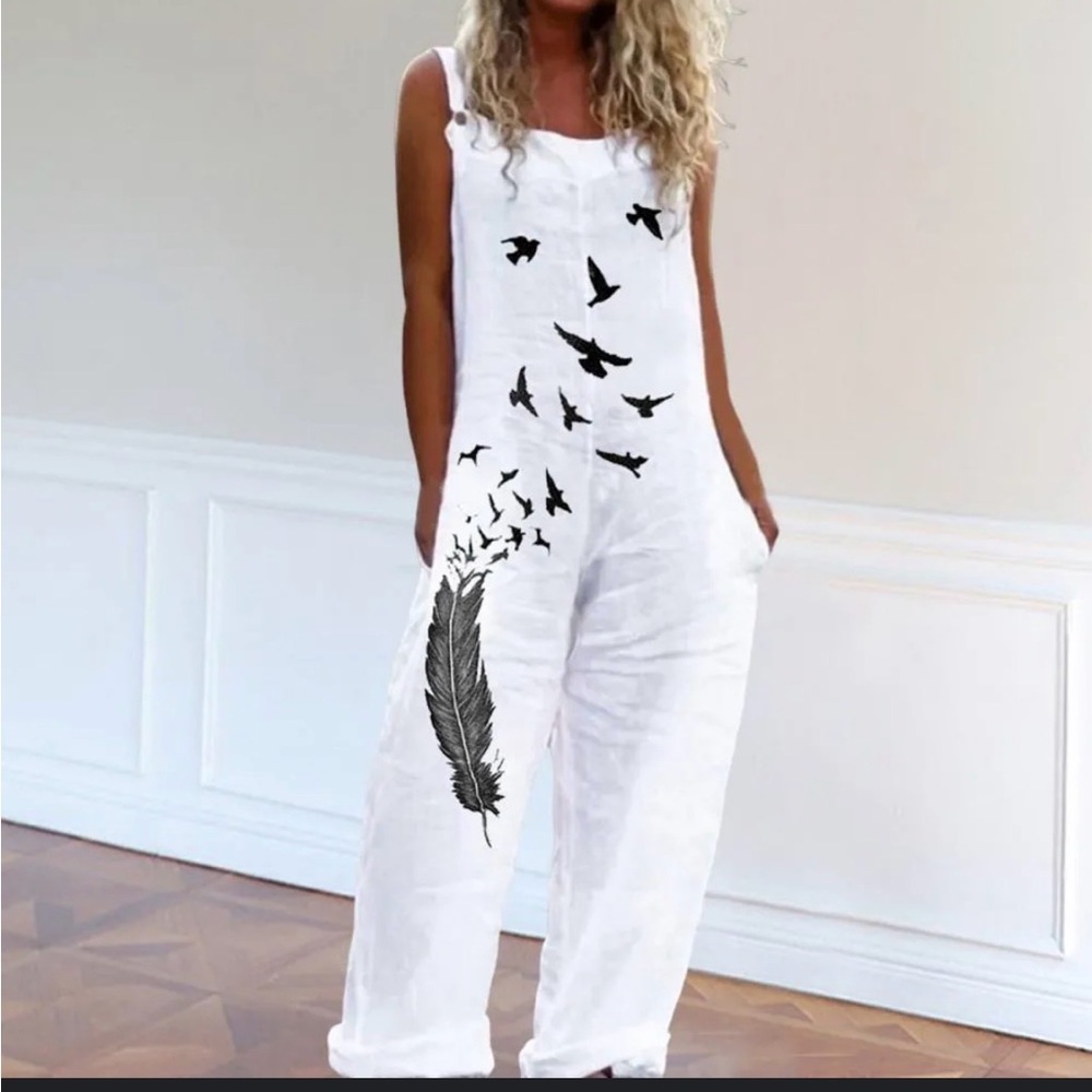 Chic White Bird Print Jumpsuit